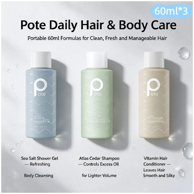 Pote Premium Travel-Size Hair & Body Care Kit 60ml×3 Shower Gel &Shampoo & Portable Travel Essentials Toiletries Set Mini Size