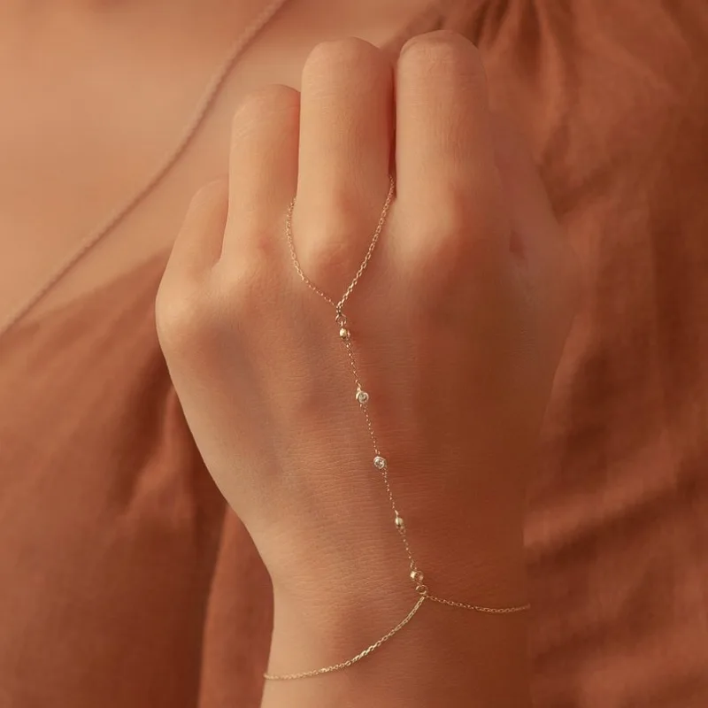 Pulsera esclava de circonia cúbica con diamantes de oro macizo auténtico de 18 quilates, pulseras de mano con cadena de acero inoxidable, regalo para mujeres y niñas