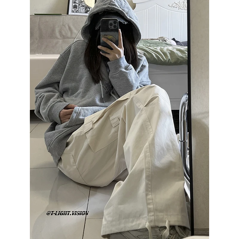 

American Hiphop Loose Wide Leg Long Trousers Men's Casual Straight Tube Pants Faionable Pure Color Workwear Breathable