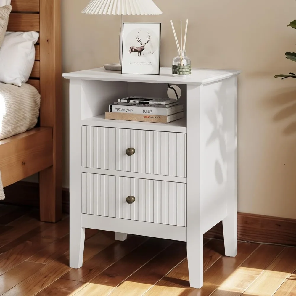 Fluted Nightstand with Charging Station, Modern Side Table with 2 Drawers & Storage Shelf, Wood End Table with USB Ports & Outle