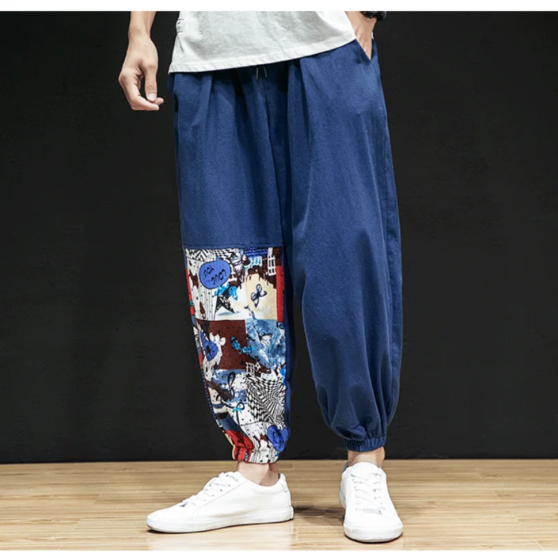 Chinese Style Cotton Linen Trousers 2024 Summer New Men's Trendy Loose Spliced Printed Elastic Drawstring Casual Harlan Pants