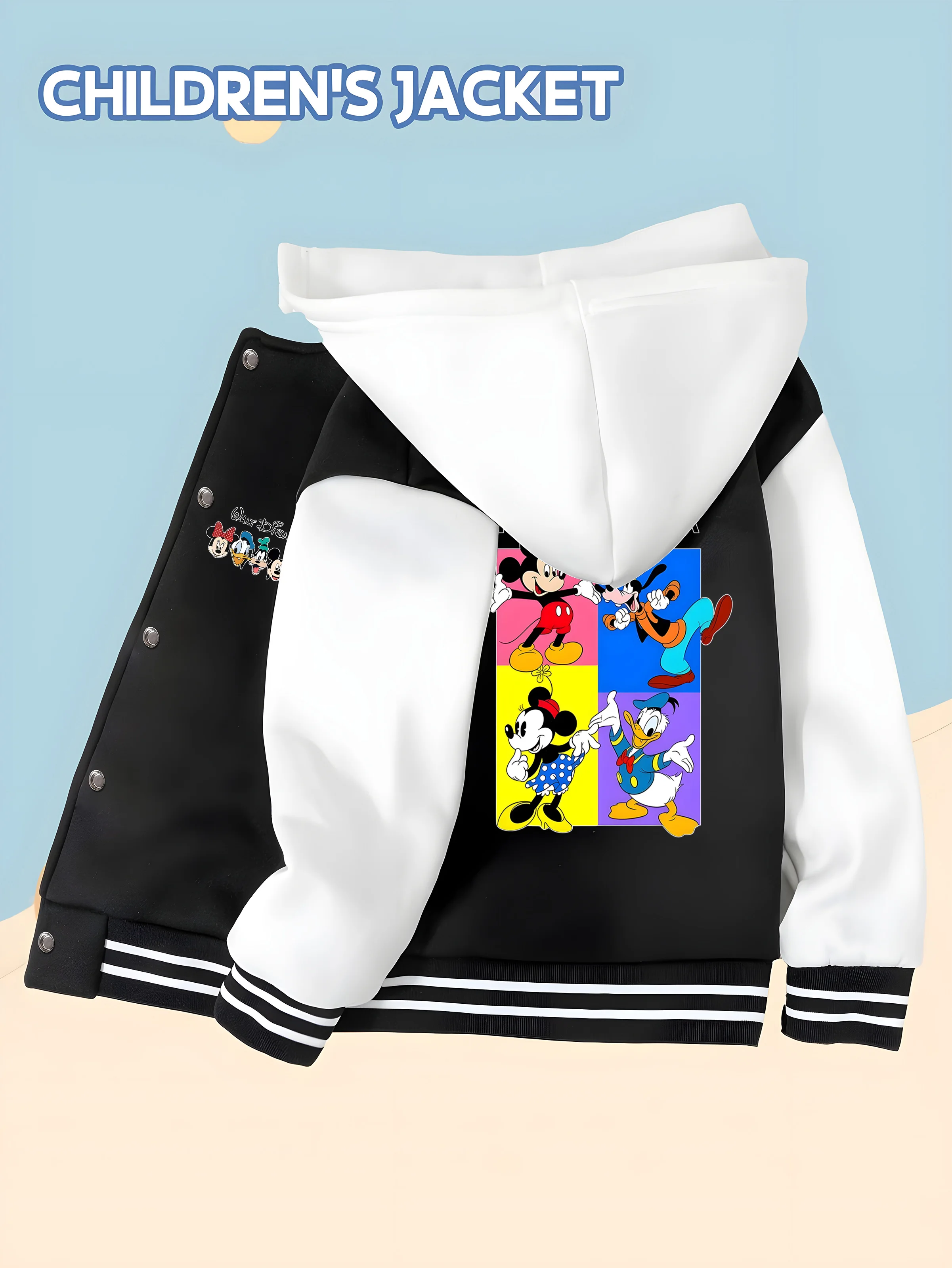 

MINISO Disney Boys' Baseball Jacket - Colorful Mickey Mouse Family Print, Perfect for Family Outings, Comfortable Fabric