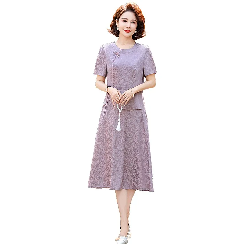Female Solid Color Floral Mulberry Silk Midi Dres Spring Summer Elegant Patchwork Dress Vintage Casual Party Dresses