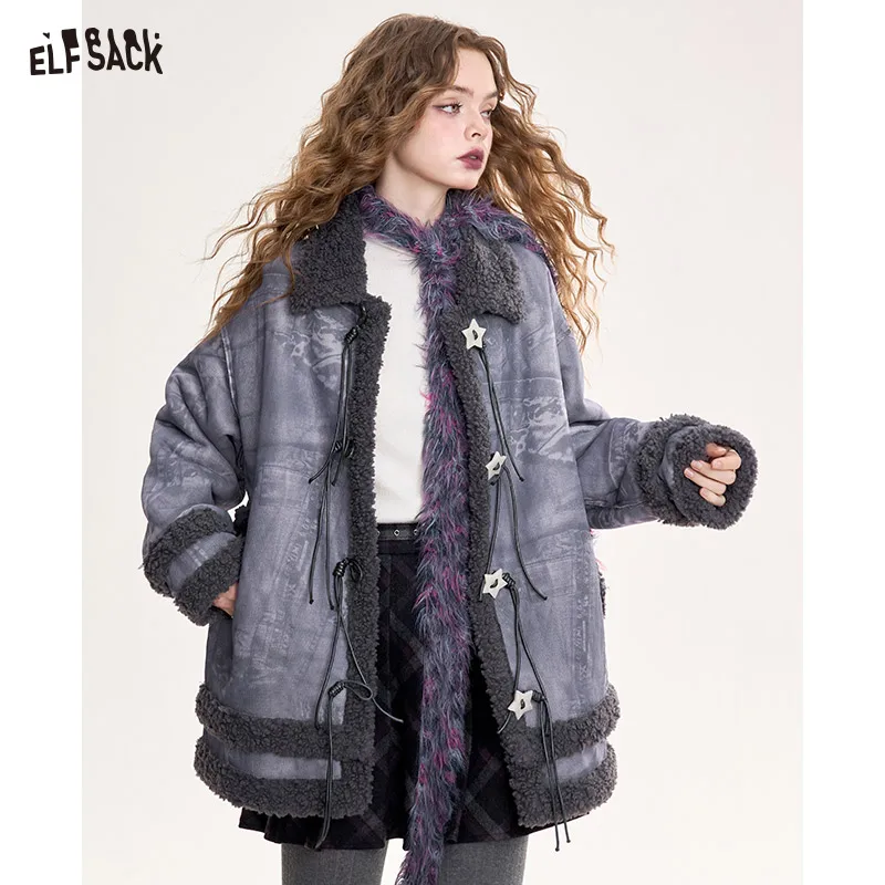 

ELFSACK 2024 Winter New Arrivals Star buckle retro preppy style warm plush thick coat