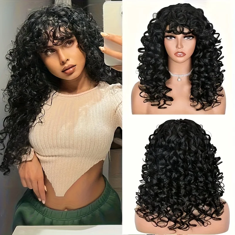 

Black Women's Curly Wig with Bangs, Black Curly Synthetic Hair Wig for Daily Use and Cosplay