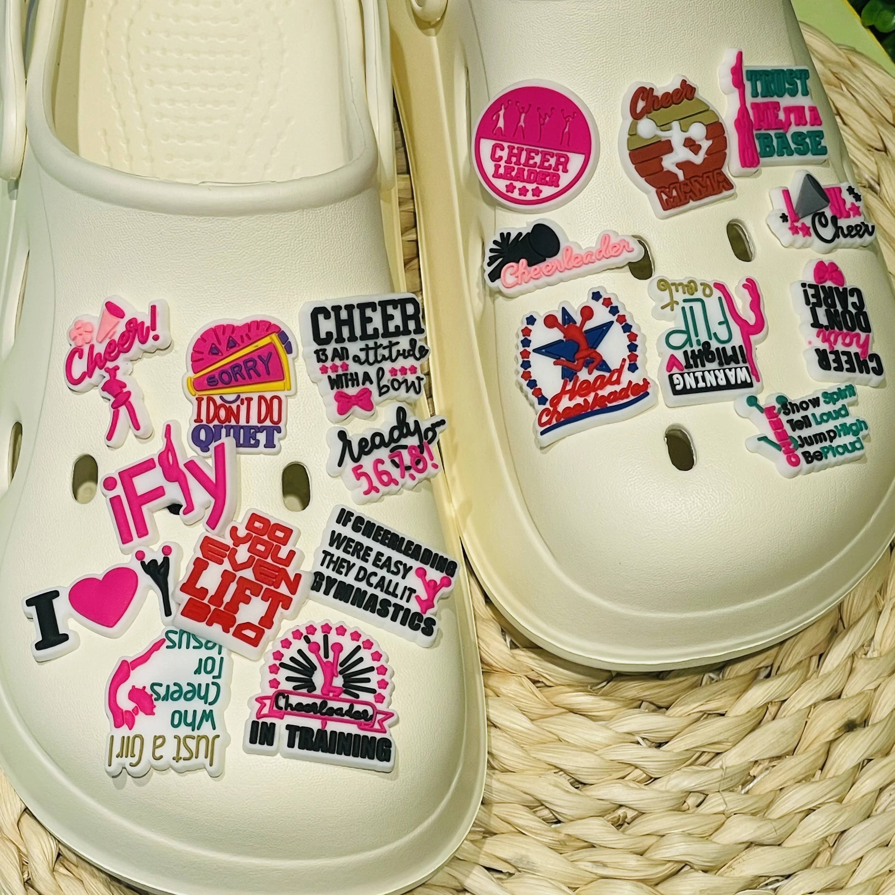 New Arrival 1pcs PVC Shoe Charms Cheerleader Love Cheer Fly Buckle Clog Garden Shoes Button Decorations Kid Holiday Present