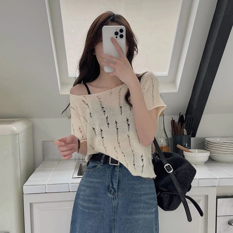 Summer French Hollow Out Short Sleeve Women O Neck T Shirts Fashion Sweet Casual Oversized Knitted Crop Tops Black White Apricot