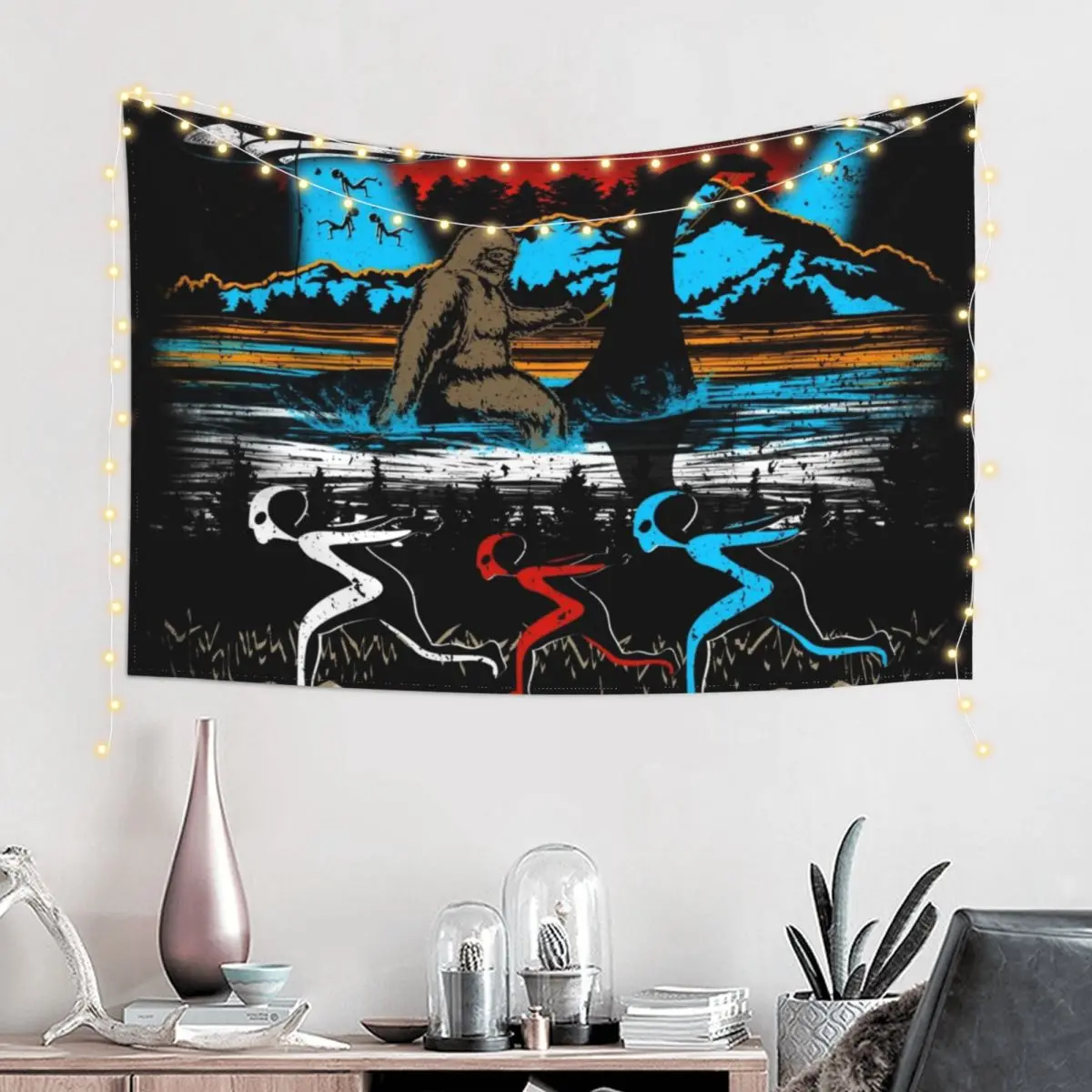 Bigfoot ride Loch Ness Monster Sasquatch Alien running Ufo Graphic Vintage Sunset Tapestry Mushroom Tapestry