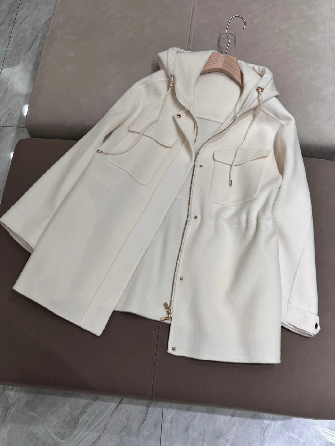 Women\'s Autumn Winter 2024 L*P Hooded Cashmere Wool Coat White Zip-up Midi Jacket Coat Waisted Drawstring Parka