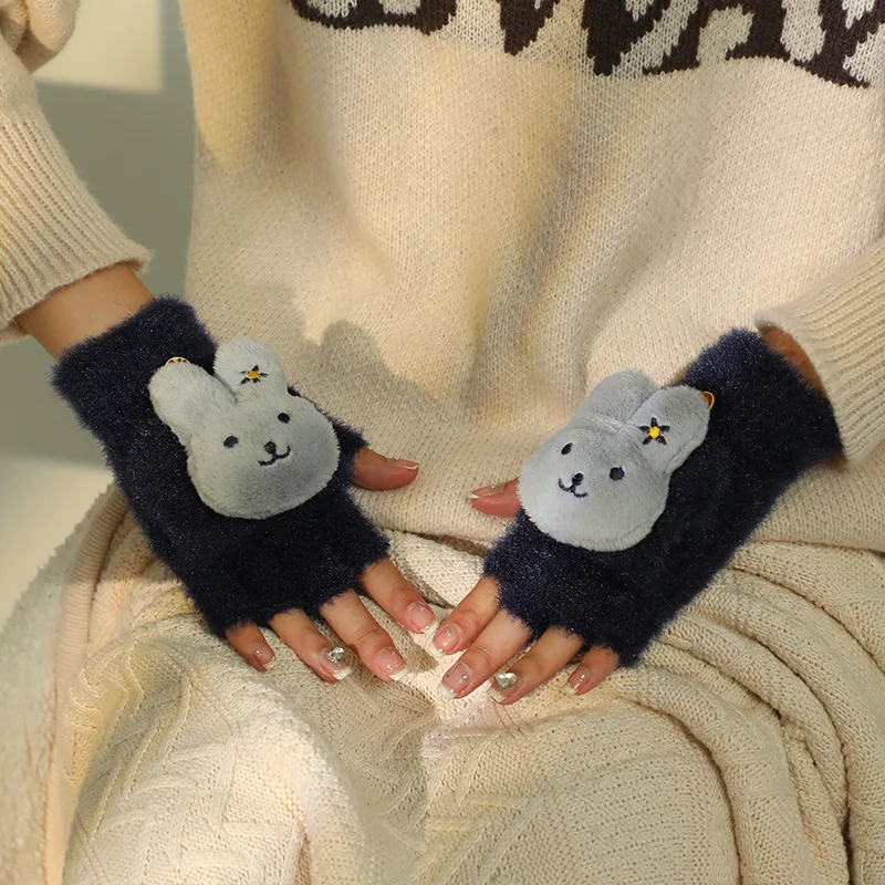 Guantes cálidos Kawaii para mujer, Manoplas de punto de felpa de dibujos animados, suaves, sin dedos, medio dedo, invierno, novedad