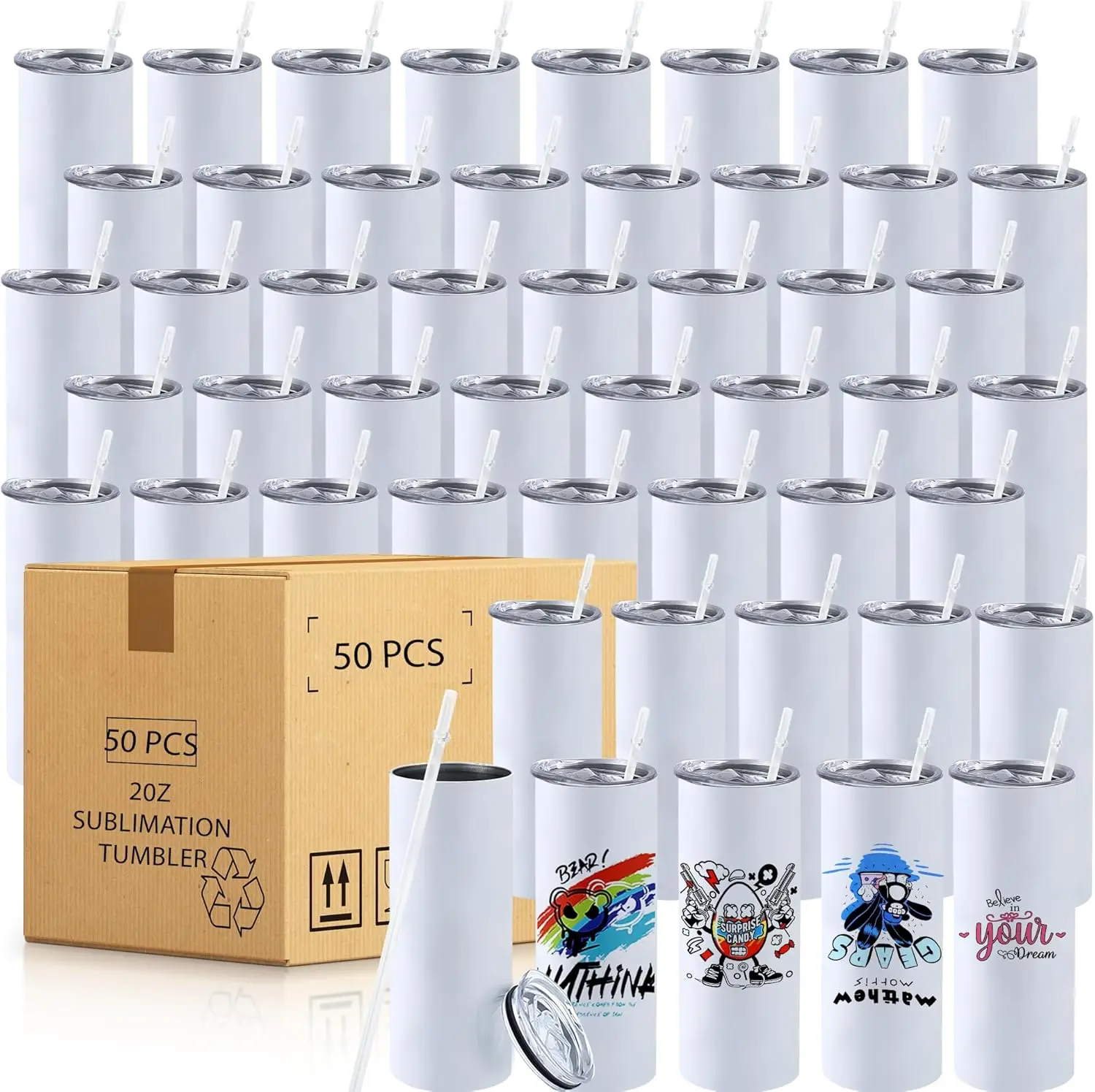 50 Pack 20oz Sublimation Tumblers Straight Skinny Tumblers Bulk Stainless Steel Vacuum Insulated Tumbler with Lids & Straws