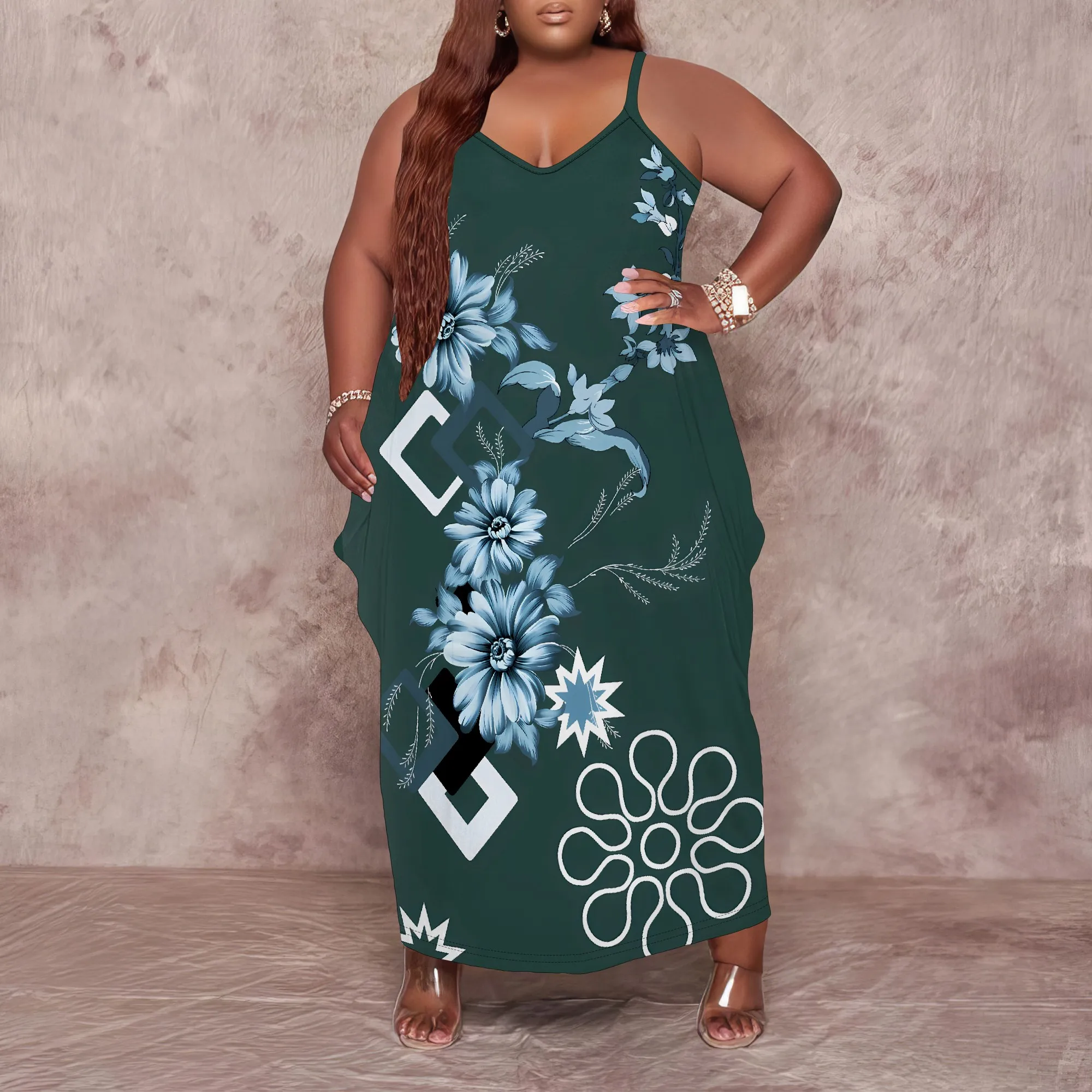 

Nupusa Floral & Geometric Dress for Women Plus Size Summer Casual Spaghetti Strap Maxi Dress