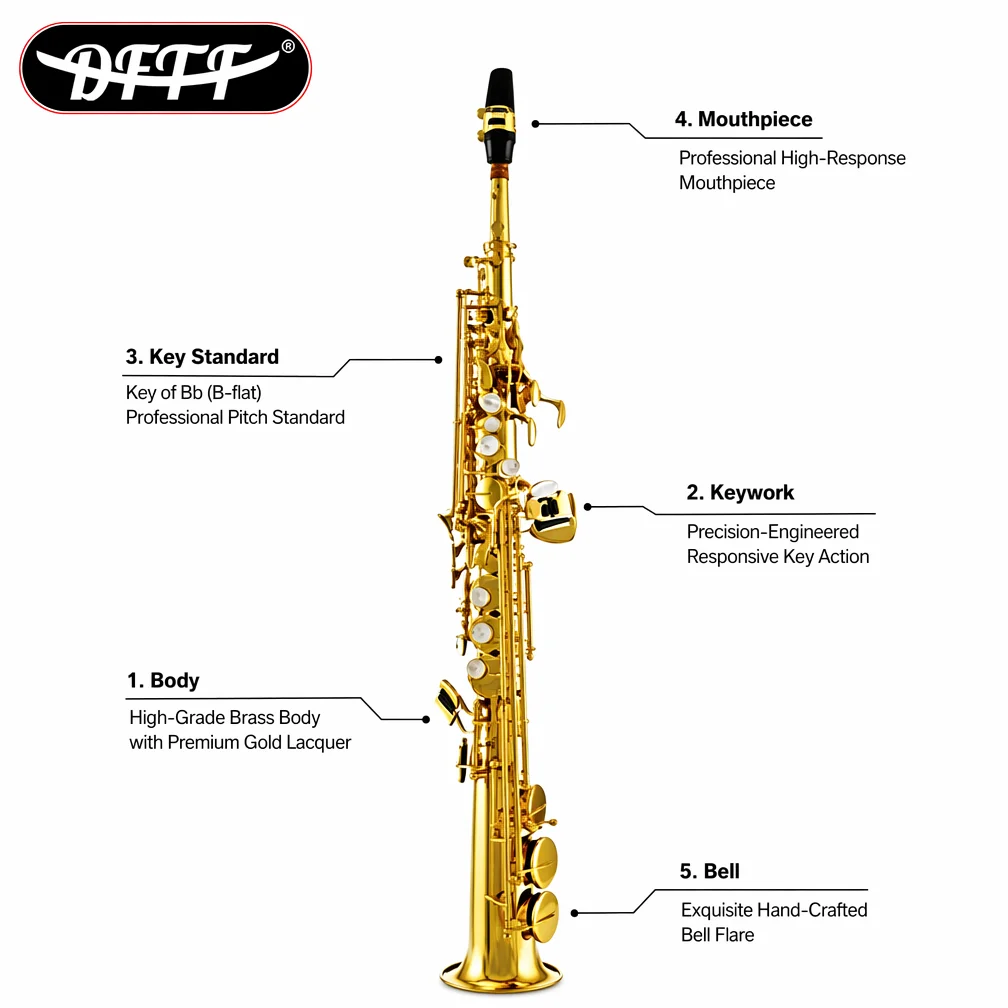 OEM Available Bb Straight Soprano Saxophone Brass Gold Lacquer For Adult Band Solo Saxophone
