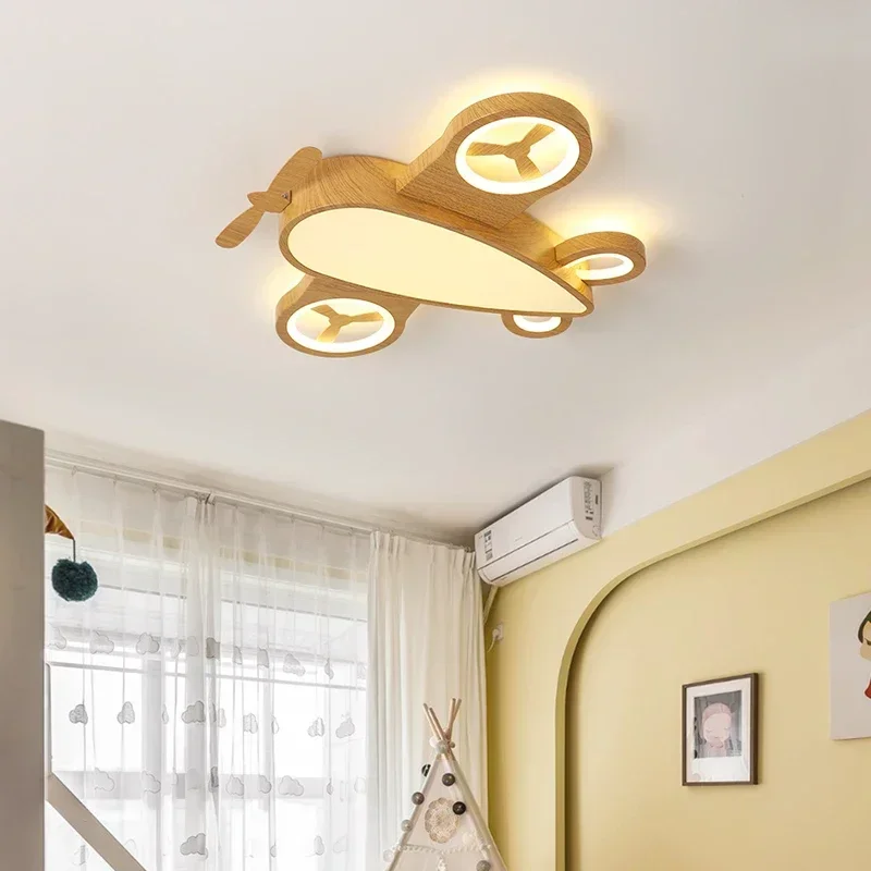 Modern Nordic Style Airplane Led Ceiling Lamp For Living Children Room Bedroom Kid  School Wood Grain Chandelier Light