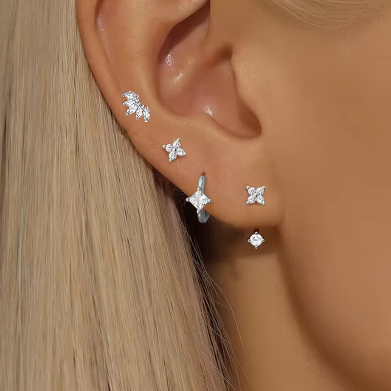 4PCS Zirkon Herz Mond Blume Kleine Hoop Ohrringe Set Für Frauen Edelstahl Huggies Anhänger Piercing Ohrringe Schmuck Aretes