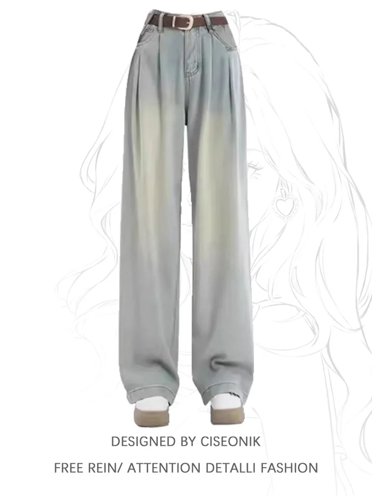 

High Waist Wide Leg Jeans Women's Loose Fitting Folded Design Denim Pants Tummy Control Slimming Straight Cut Durable