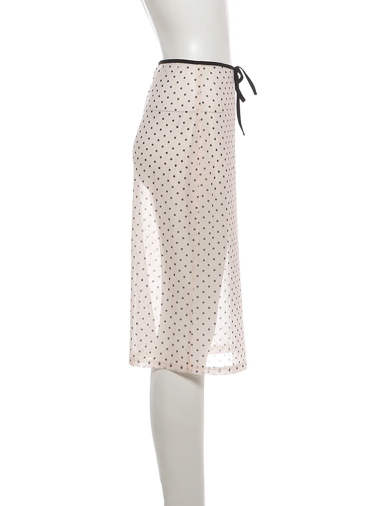 Kliou Lange Röcke mit Polka-Dot-Print für Damen, sexy, durchsichtiges Design, Kordelzug, elastische Taille, Hot Girls High Street Style Buttoms – Detail 4