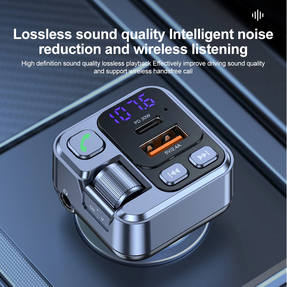 Car Charger 30W Fast Charging Adapter FM Bluetooth Transmitter Handsfree Call with Voltage Monitor MP3 Player for IPhone Samsung