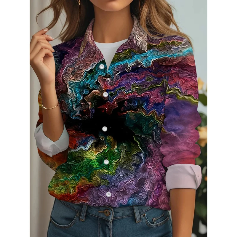 New Women'S Casual Long-Sleeve Shirt with Colorful Spiral Patterns, Perfect for Holiday Gatherings And Commuting. Versatile And