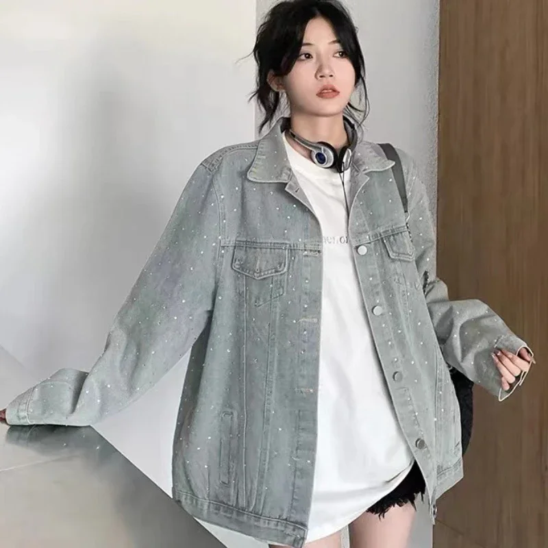 Korean Fashion Shiny Sequins Jean Jacket Women Denim Jackets Female Vintage Loose Denim Coat Girls Casual Outwear Woman Jacket