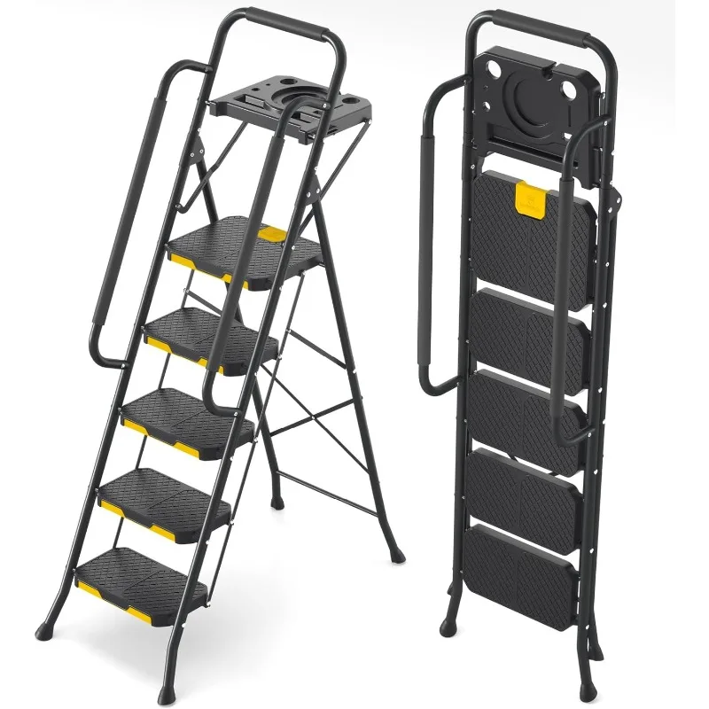 5 Step Ladder with Tool Platform, Folding Step Stool with Handrails, Sturdy Steel Ladder , 800 LBS Portable Safety Ladder