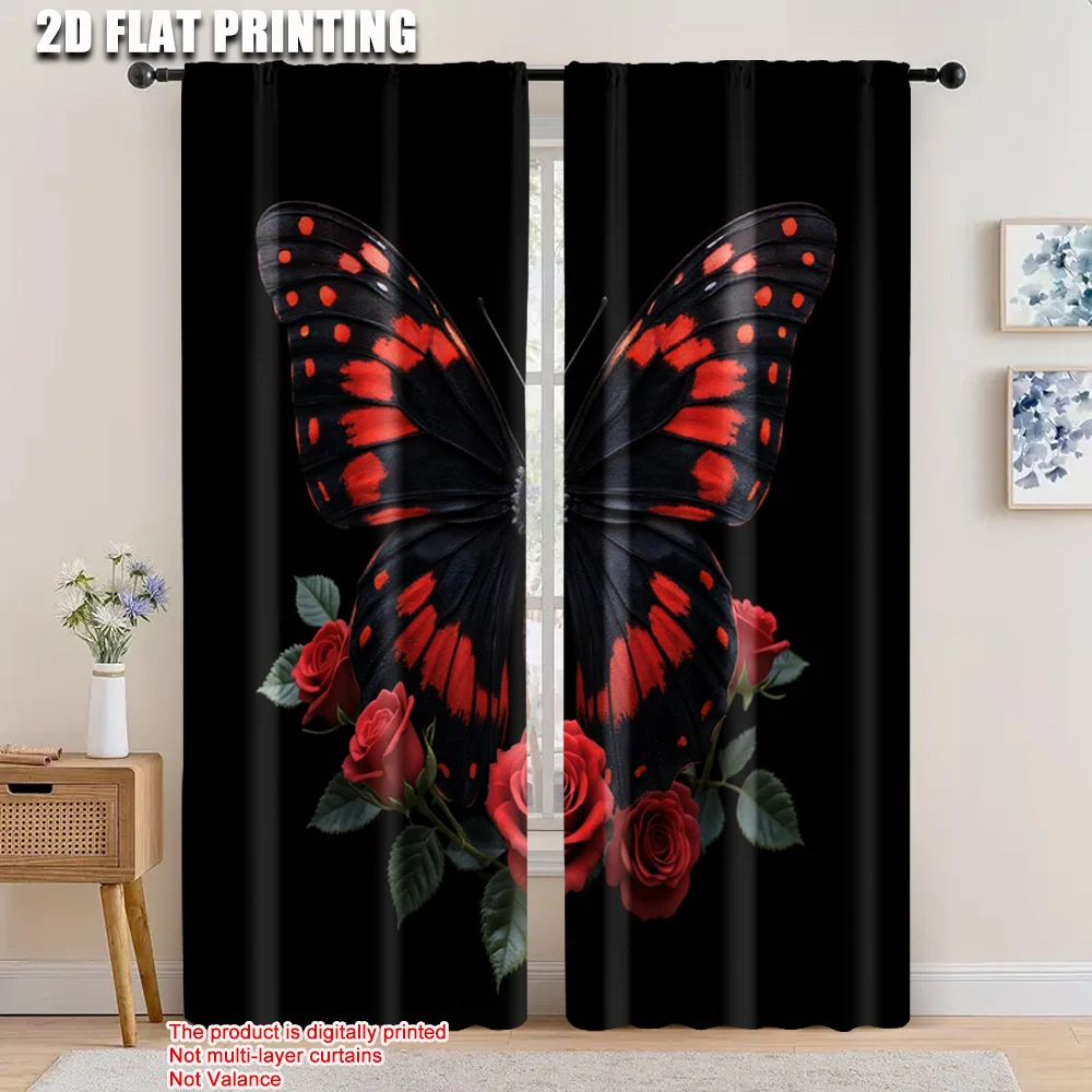 

2pcs, 2D flat printing Window Curtains Red butterfly and rose Versatile 100% Polyester,Without Electricity Versatile Suitable