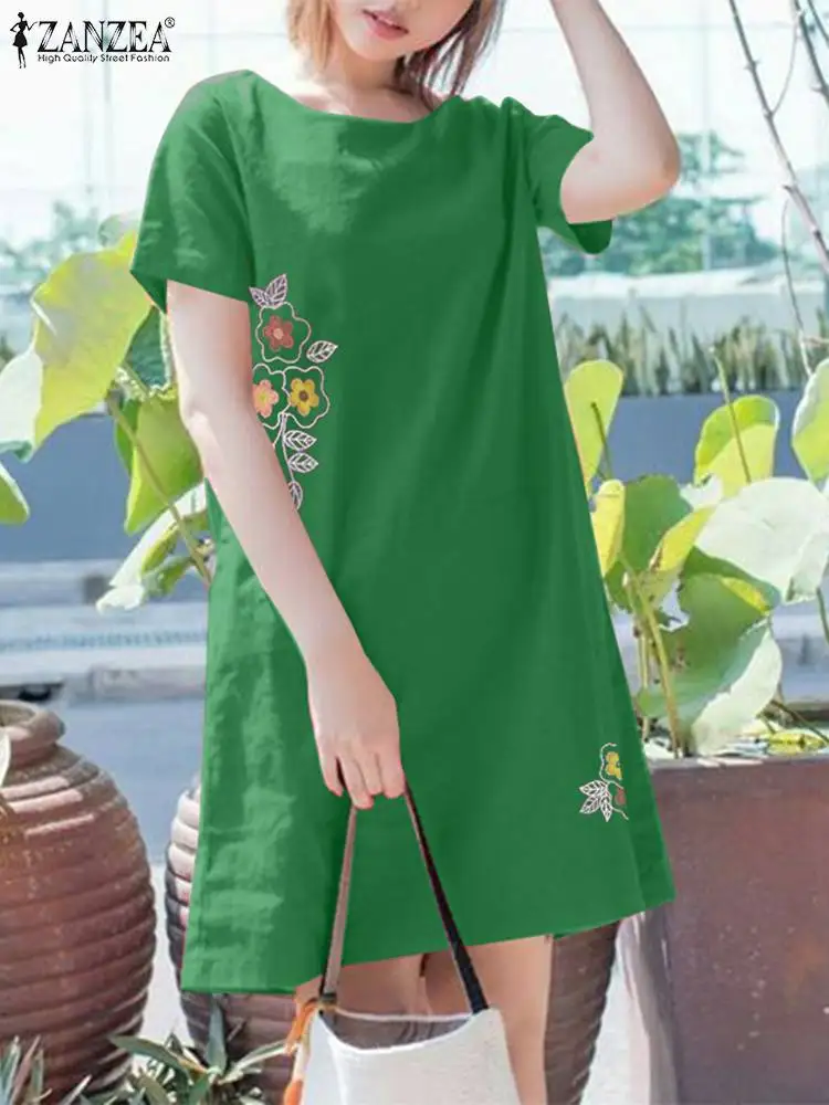 

Women Vintage Floral Embroidery Short Sleeve Sundress ZANZEA 2024 Summer Elegant Party Holiday Dress Casual Loose Beach Vestido