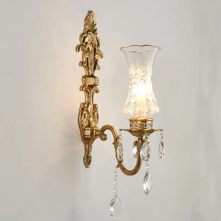 European classic luxury brass wall lamp indoor bedroom hall corridor retro copper glass lampshade crystal decorative light