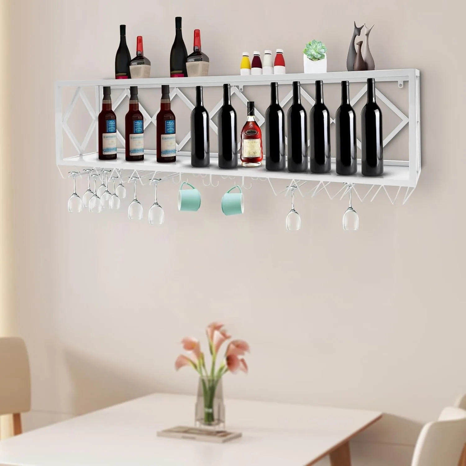 

Wall Mounted Wine Rack with Wine Glass Rack Metal Wine Storage Display Shelf Wine Multifunctional Iron Bottle Holder