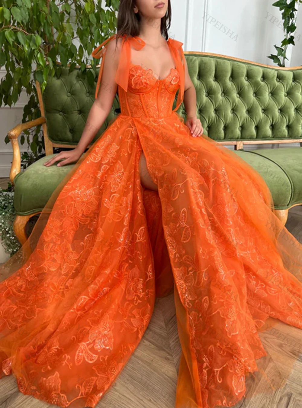 

Orange A-Line Evening Dresses Sexy Sweetheart Side High Split Spaghetti Strap Lace Tulle Prom Gown Long Party Dress vestidos