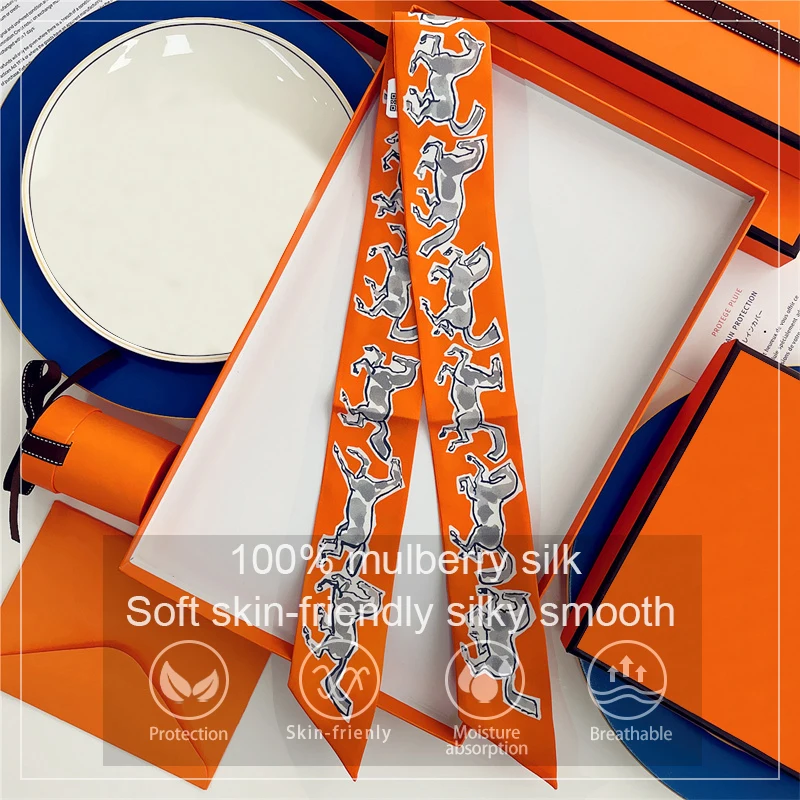 2025, Marke Design Pferd Muster Frauen Schal Luxus Seide Schal Mode Haar Stirnband Foulard Dünne Tasche Schals Halstuch