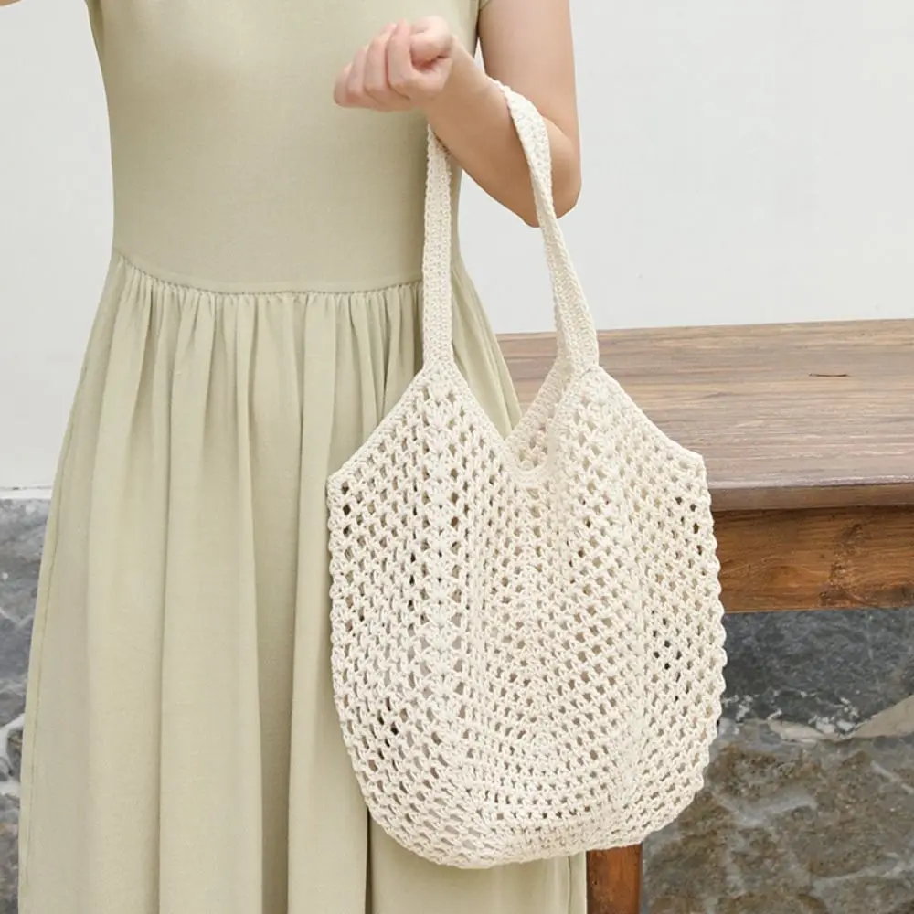 

Solid Color Knitting Shoulder Bag Large Capacity Versatile Bohemian Crochet Tote Bag Hollow Out Casual Woven Handbag Women