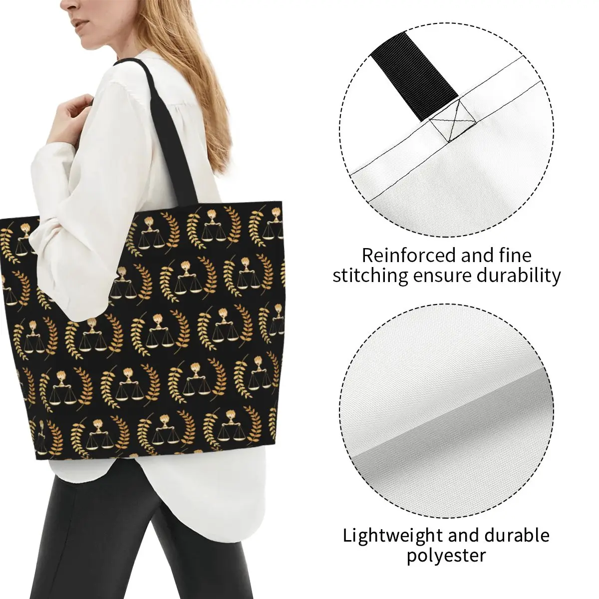 Gold Scales Of Justice Law Logo Lawyer Legal Party Shopping Tote Bag Canvas Large Capacity Shoulder Bags Shopper Grocery Handbag