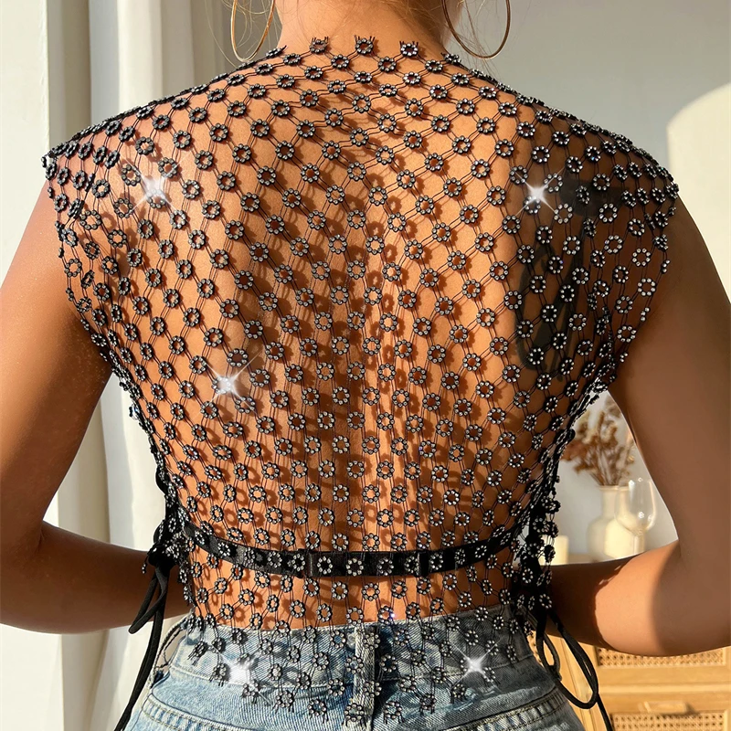 Damen Glitzerndes Blumen-Strass-Netz-Crop-Top Durchsichtiges Fischnetz-Tanktop Rückenfreies Schnür-Party-Clubwear Damen-T-Shirt 2026 – Detail 4