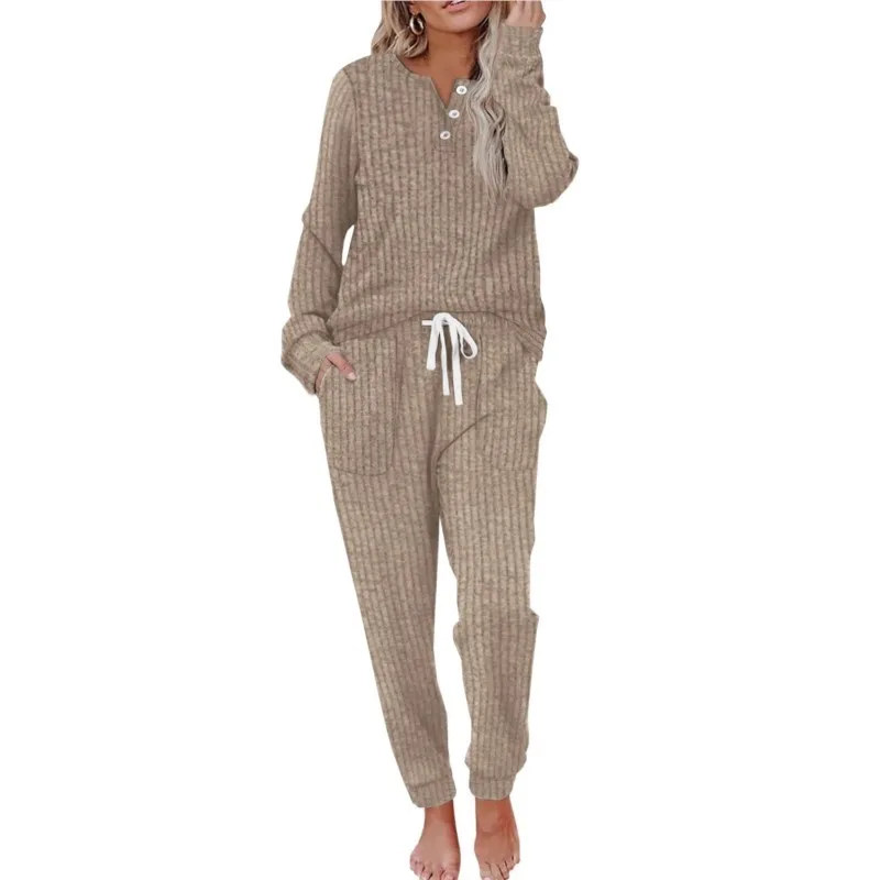 Casa casual feminino 2 peça conjunto 2025 outono inverno malhas calças terno pijamas com nervuras conjunto homewear loungewear outfits