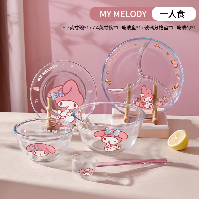 

Sanrio Glass Plate My Melody Rice Bowl High Temperature Resistant Household Soup Spoon Large Capacity Noodle Bowl Salad Utensils