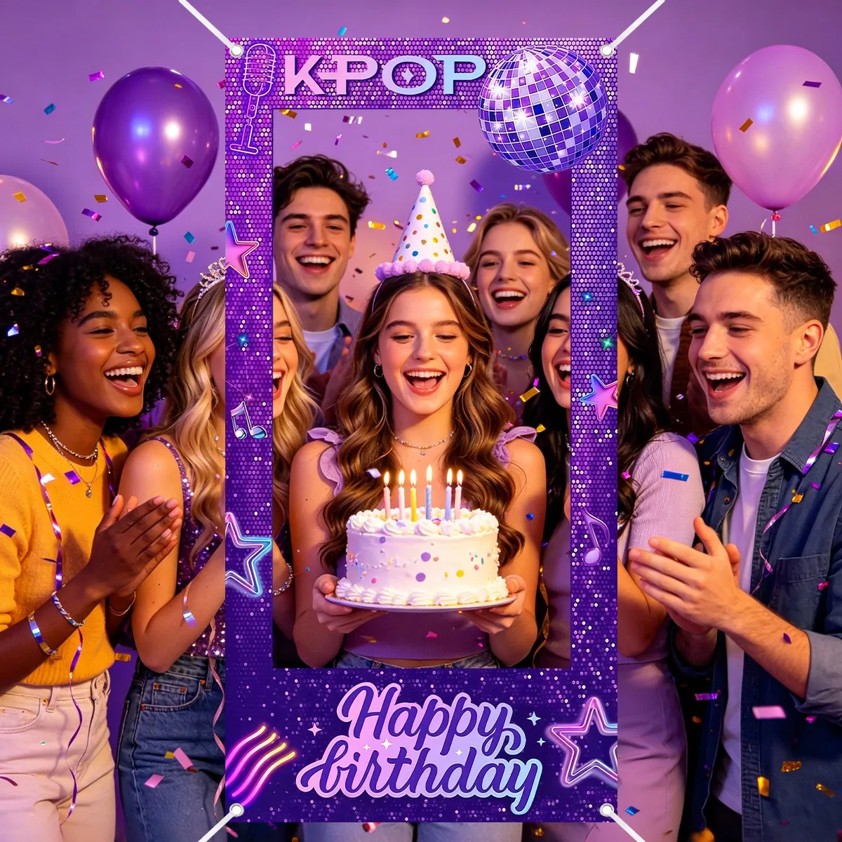 1 Stück Lila K-POP Fotorahmen-Hintergrund mit Happy Birthday Muster aus Polyester für K-POP Themen-Geburtstagsfeiern – Detail 7