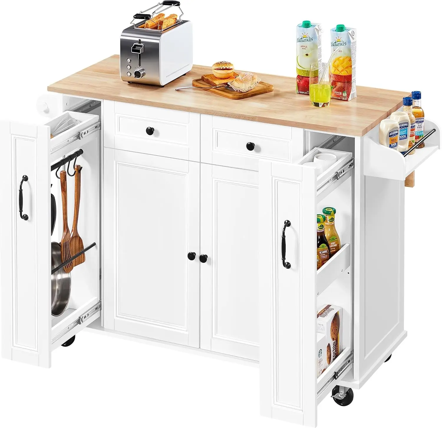 Topeakmart Kitchen Cart with Drop-Leaf Rubberwood Top, Rolling Kitchen Island with 2 Side Pull-Outs & 2 Drawers & Spice Rack, Ki