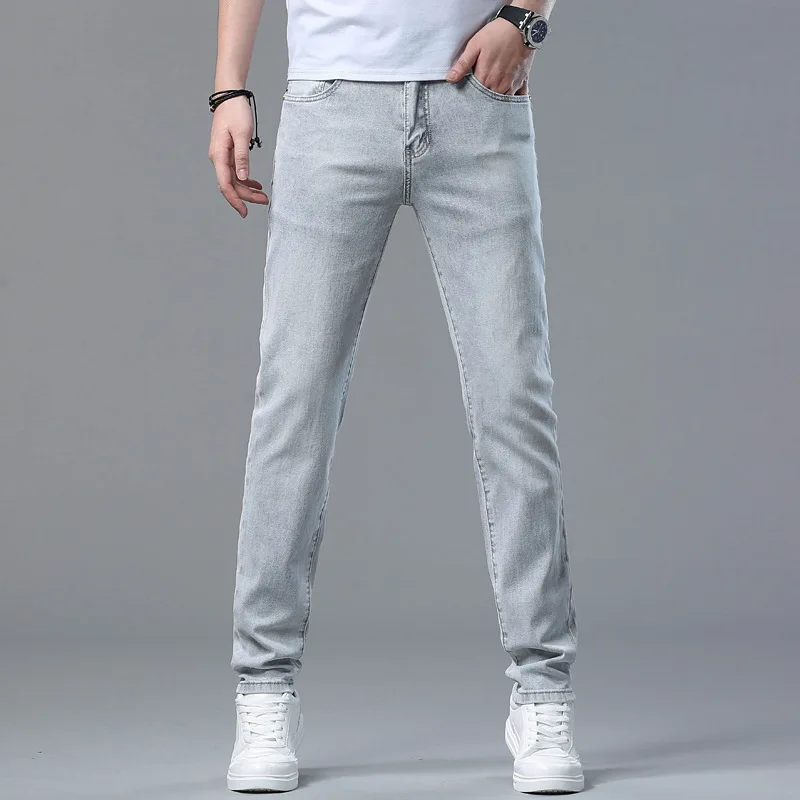 Summer Thin Jeans Men's Breathable Stretch Slim-Fitting Small Straight Three-Dimensional Pressure Printing Casual Trend Trousers