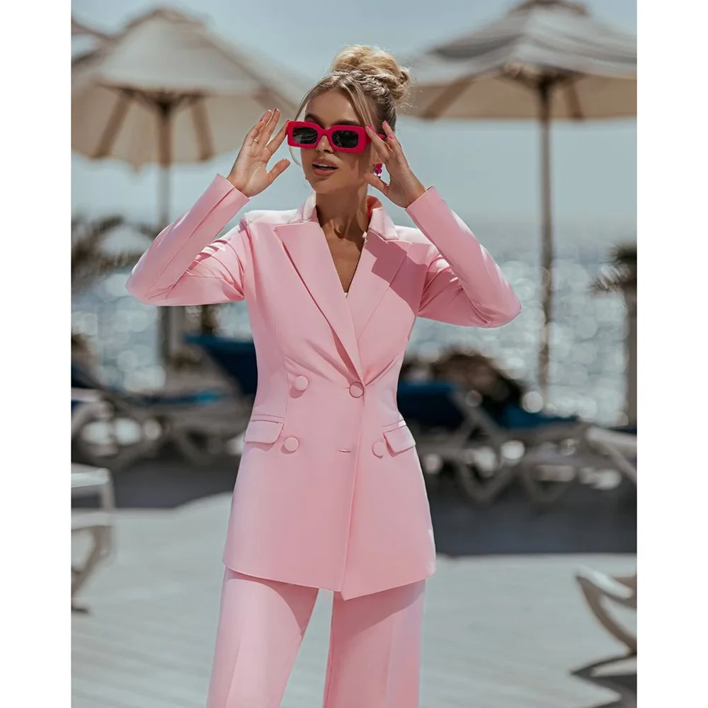 Pink Pants Sets 2 Piece Elegant Double Breasted Peak Lapel Outfit Casual Slim Daily Prom Party Women Suits (Jacket+Pants)