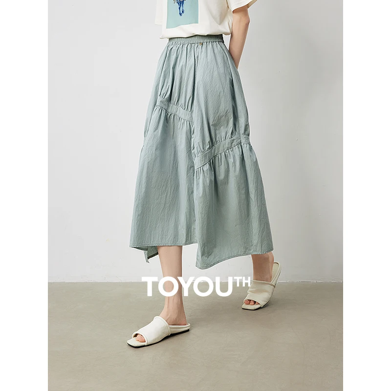 

TOYOUTH Women Skirt 2024 Summer New Wrinkle Spliced Elastic Waist A-line Mid length Umbrella Skirt