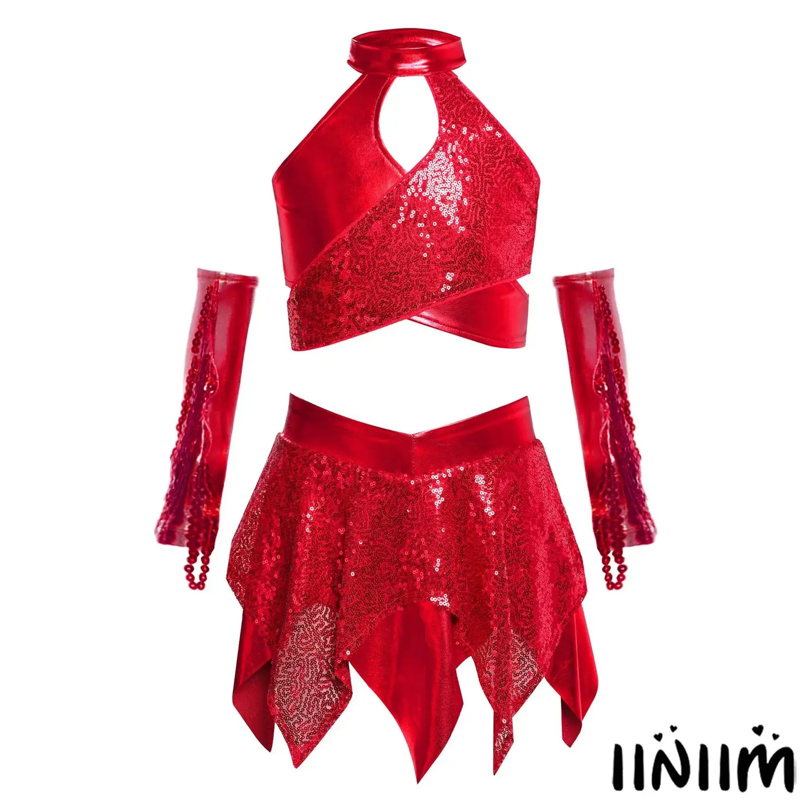 

Детский комплект одежды для джазовых танцев в стиле хип-хоп для девочек, укороченный топ с перекрестной замочной скважиной и блестками, металлический укороченный топ с юбкой и перчатками, уличная одежда