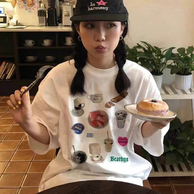 

Snack Print T-shirt American Retro Cotton Printed Short-sleeved Women's Summer Loose Oversized Shirt Casual Aesthetic Top Ins