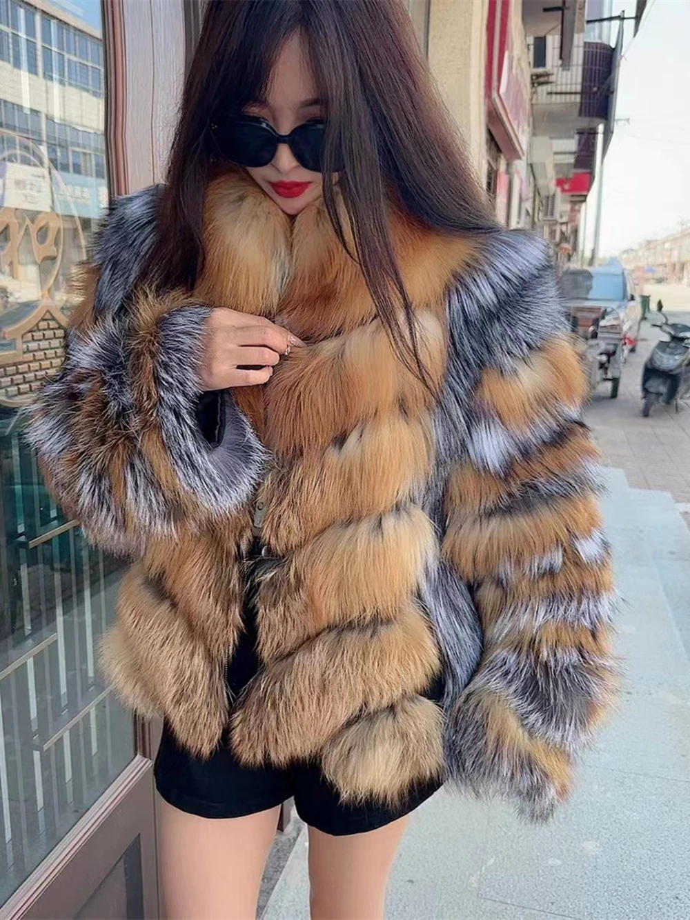 Short Red Fox Fur Jacket With Collar Women Luxury Plus Size Female Silver Fox Fur Coat Winter