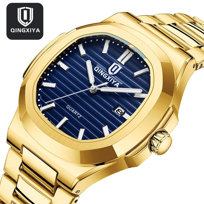 

QINGXIYA лучший бренд класса люкс модные квадратный циферблат золотые синие кварцевые часы из нержавеющей стали календарь светящиеся водонепроницаемые мужские часы