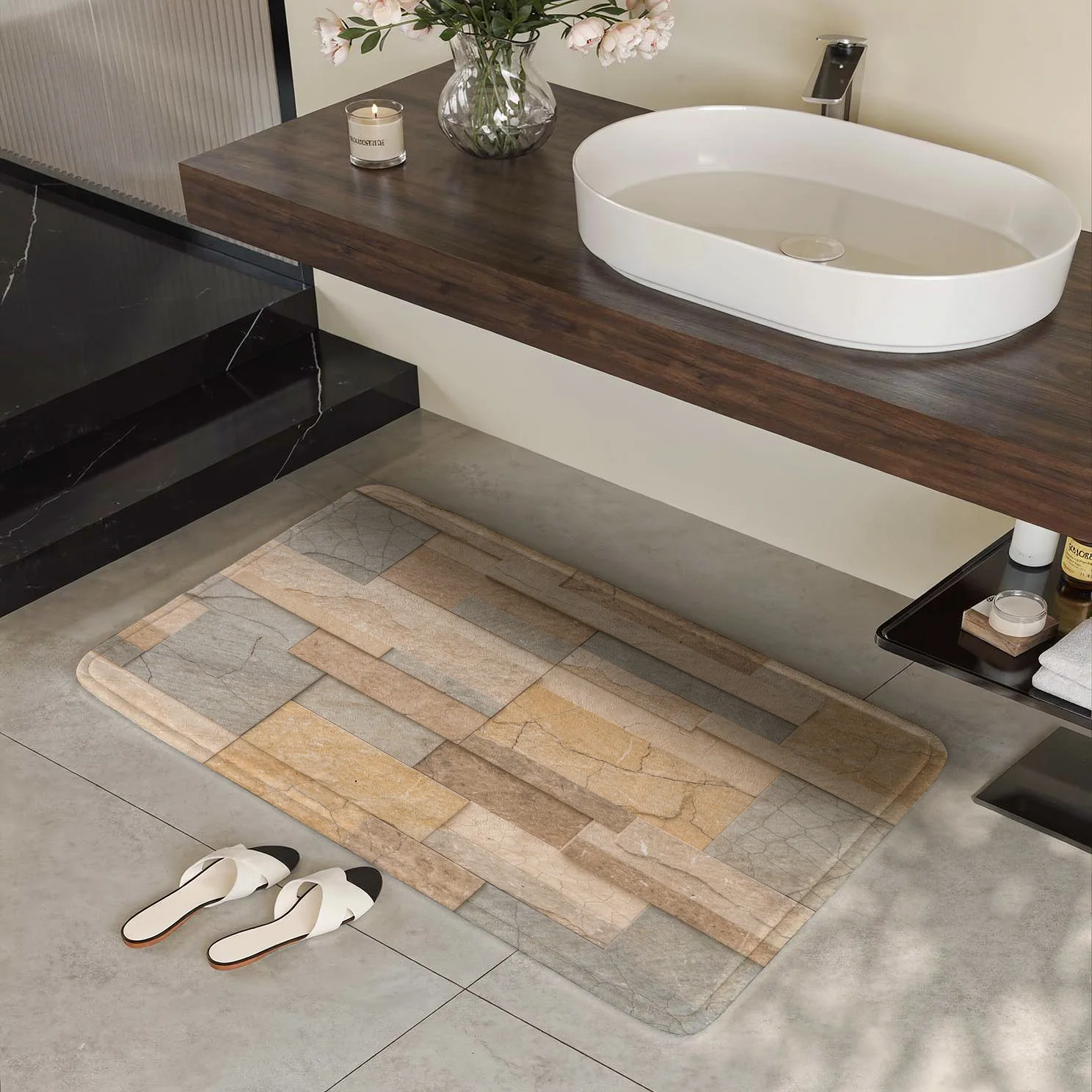 Rustic Stone Tile Runner Rug for Entryway Hallway Doormat Indoor Outdoor Home Decor Carpet Mat Neutral Beige Modern Bohemian Sty