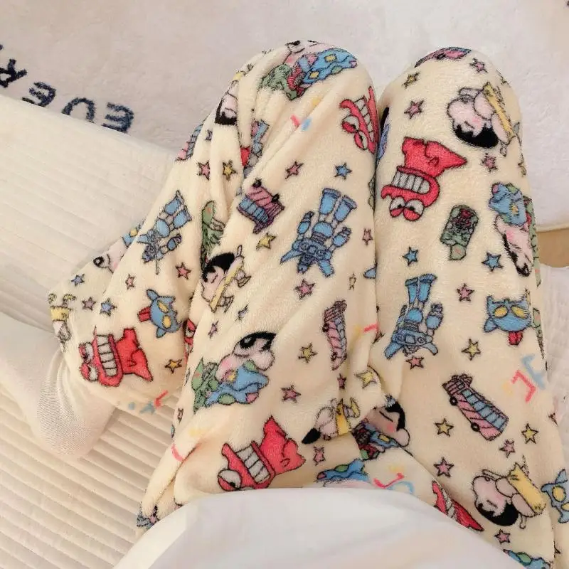 Crayon Shin-Chan Sleeping Pants for Women Winter Flannel Cartoon Warmth Leisure Time Coral Fleece Pants Home Pants Gift for Girl