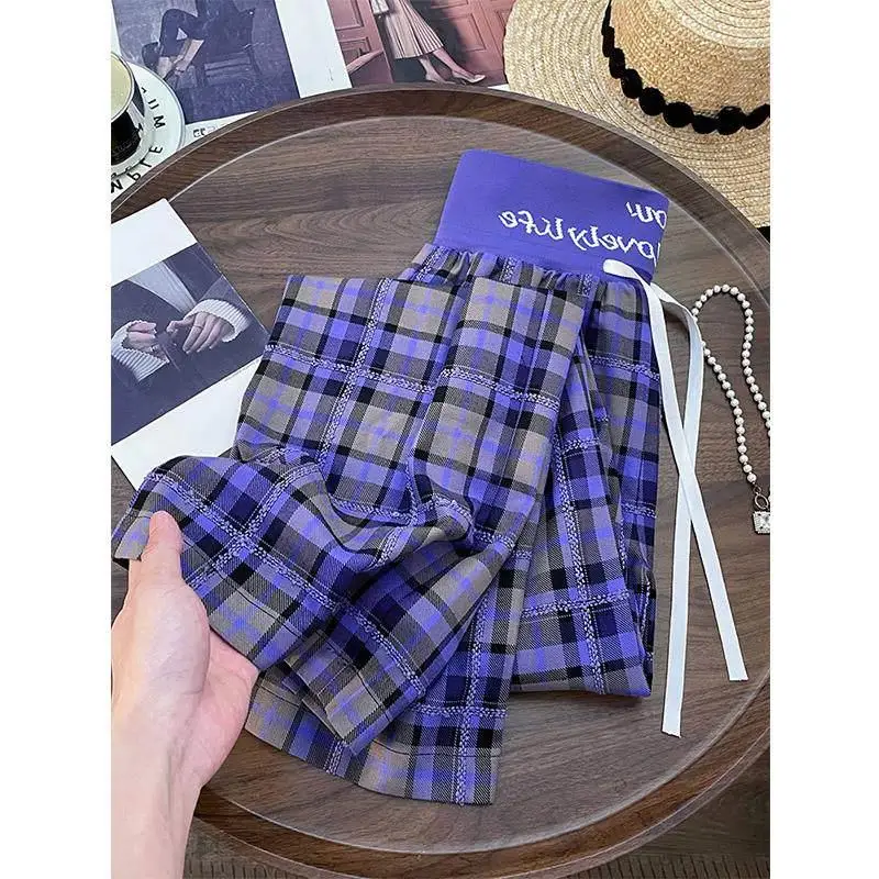 

Корейские широкие брюки Laid-ba в клетку, фиолетовые, повседневные, модные, весенняя новинка, антивозрастные, шикарные, женские