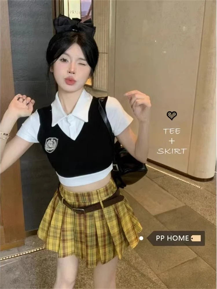 High Waist Plaid  Skirt Women's Autumn New Style Small Size Pleated Skirts American College Style Yellow Grid Skirts