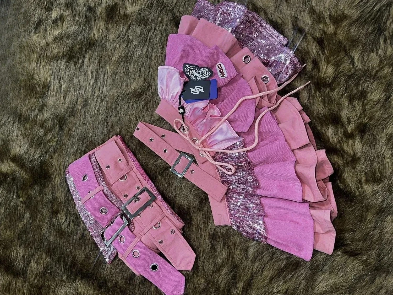 

Sweet Spicy Retro Suit Summer New Fashion Sequined Lace-up Tube Top and High-waisted Splicing Short Skirt Two-piece Set